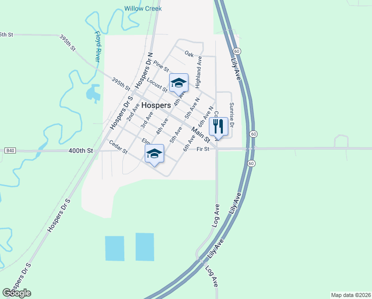 map of restaurants, bars, coffee shops, grocery stores, and more near 601 Fir Street in Hospers