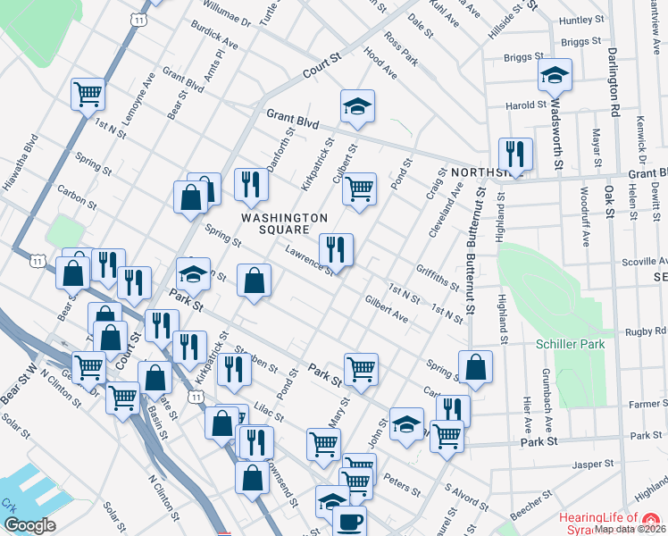 map of restaurants, bars, coffee shops, grocery stores, and more near 116 Lawrence Street in Syracuse