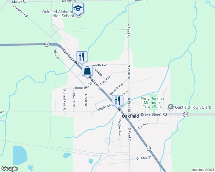 map of restaurants, bars, coffee shops, grocery stores, and more near 12 Oak Street in Oakfield