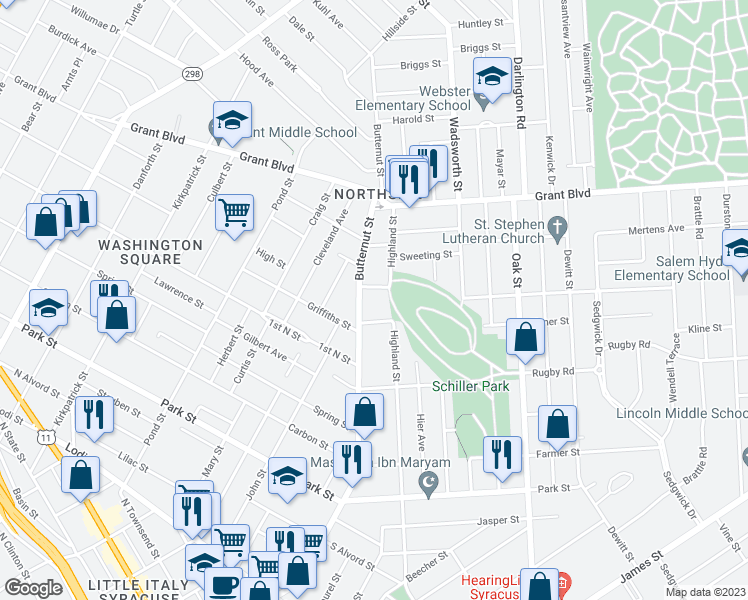 map of restaurants, bars, coffee shops, grocery stores, and more near 1312 Butternut Street in Syracuse
