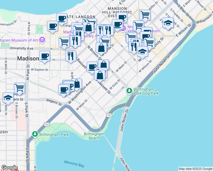 map of restaurants, bars, coffee shops, grocery stores, and more near 111 South Bassett Street in Madison