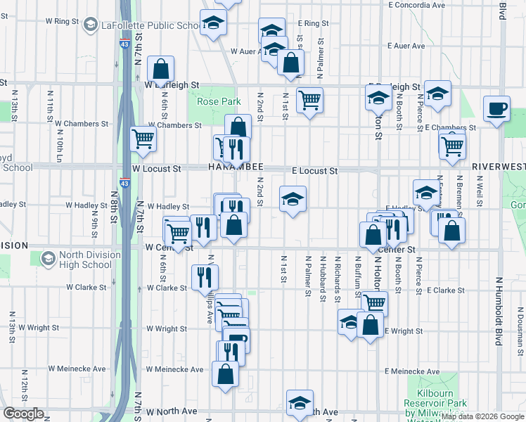 map of restaurants, bars, coffee shops, grocery stores, and more near 143 West Hadley Street in Milwaukee