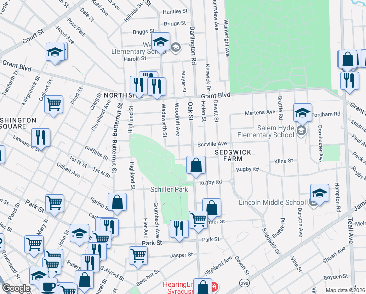 map of restaurants, bars, coffee shops, grocery stores, and more near 1303-05 Oak Street in Syracuse