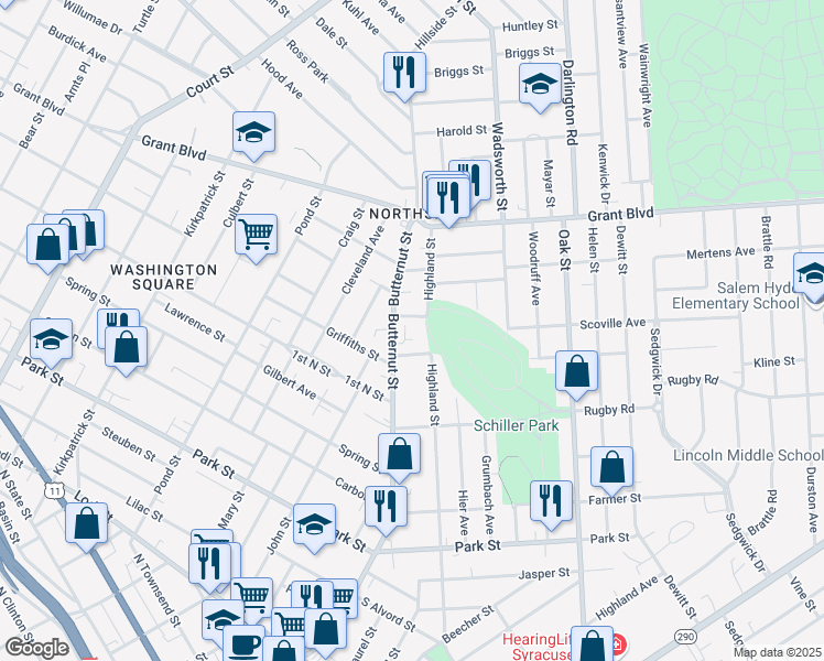 map of restaurants, bars, coffee shops, grocery stores, and more near in Syracuse