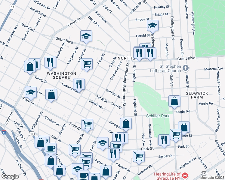 map of restaurants, bars, coffee shops, grocery stores, and more near 123 Kappesser Street in Syracuse