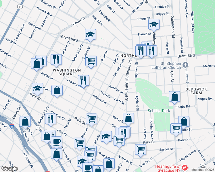map of restaurants, bars, coffee shops, grocery stores, and more near 300 Griffiths Street in Syracuse