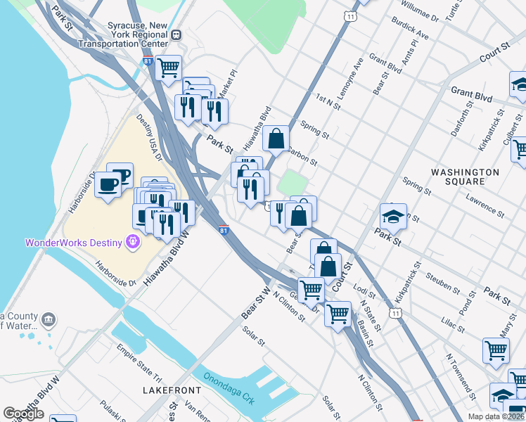 map of restaurants, bars, coffee shops, grocery stores, and more near 1600 North Salina Street in Syracuse