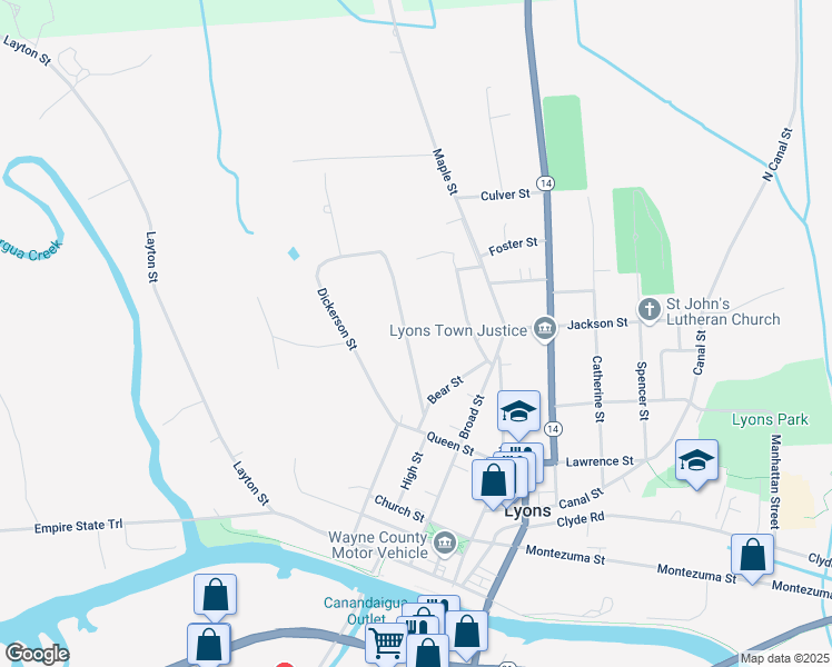 map of restaurants, bars, coffee shops, grocery stores, and more near 46 Cherry Street in Lyons