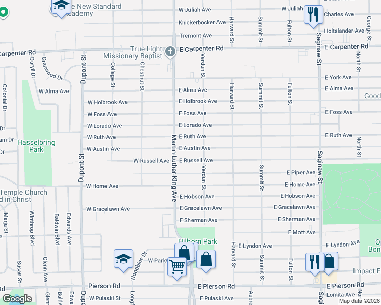 map of restaurants, bars, coffee shops, grocery stores, and more near 141 East Austin Avenue in Flint
