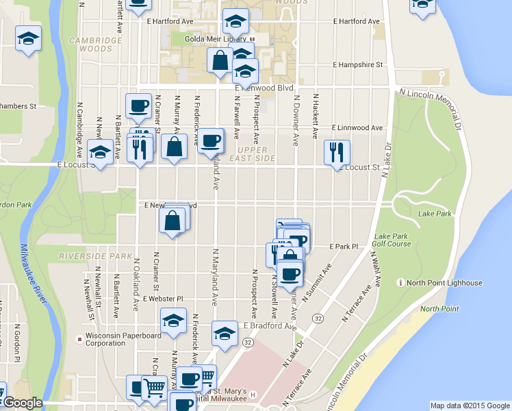map of restaurants, bars, coffee shops, grocery stores, and more near 2414 East Newberry Boulevard in Milwaukee