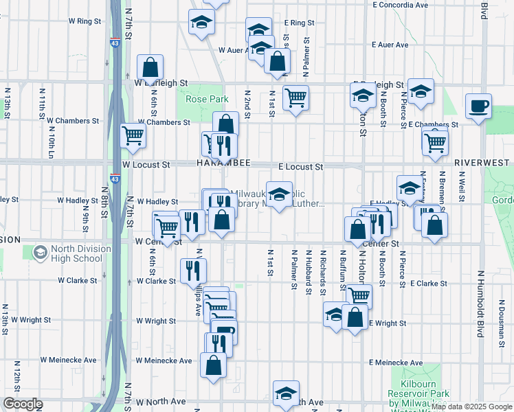 map of restaurants, bars, coffee shops, grocery stores, and more near 128 West Hadley Street in Milwaukee