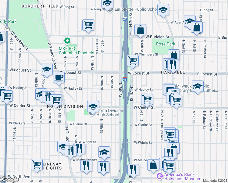 map of restaurants, bars, coffee shops, grocery stores, and more near 822 West Hadley Street in Milwaukee