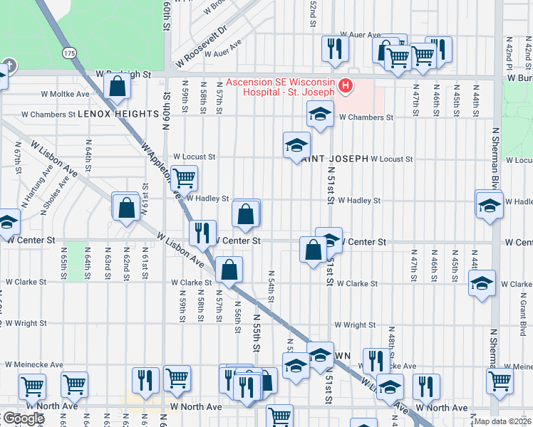 map of restaurants, bars, coffee shops, grocery stores, and more near 2763 North 54th Street in Milwaukee