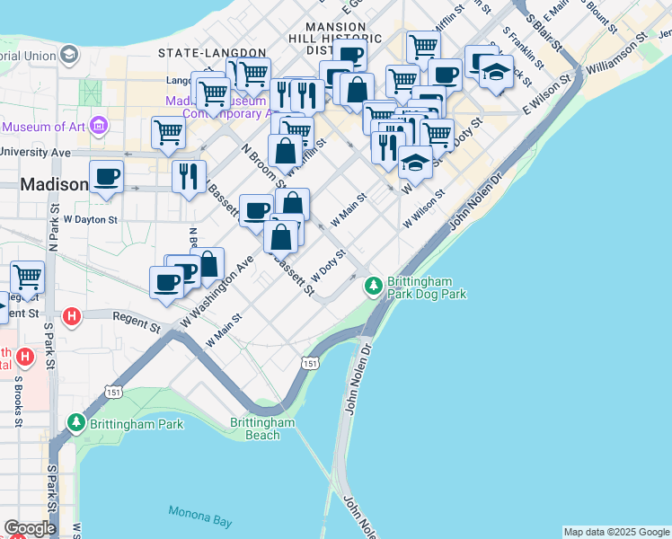 map of restaurants, bars, coffee shops, grocery stores, and more near 426 West Doty Street in Madison
