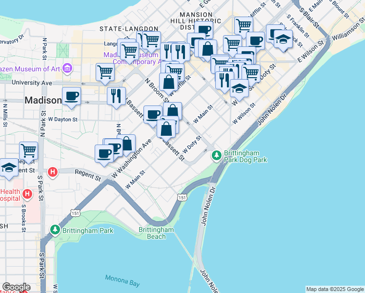 map of restaurants, bars, coffee shops, grocery stores, and more near 426 West Doty Street in Madison