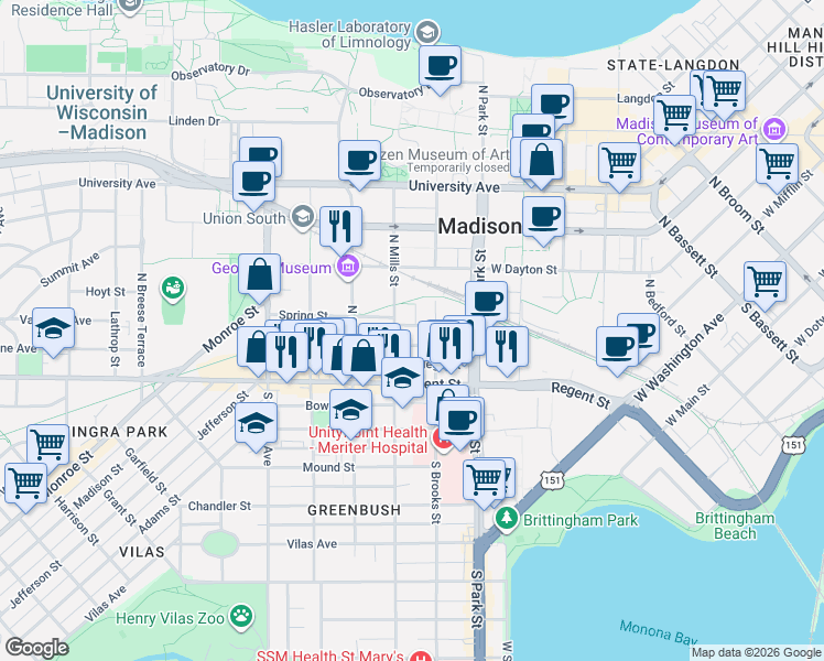 map of restaurants, bars, coffee shops, grocery stores, and more near 1 Gerry Court in Madison