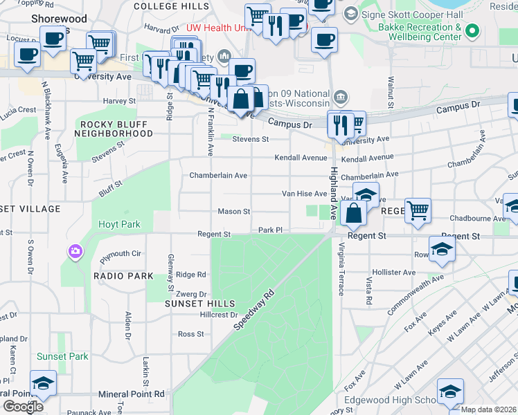 map of restaurants, bars, coffee shops, grocery stores, and more near 2627 Van Hise Avenue in Madison