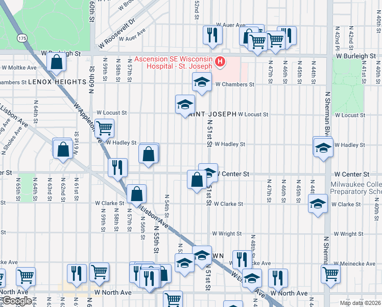 map of restaurants, bars, coffee shops, grocery stores, and more near 2755 North 52nd Street in Milwaukee