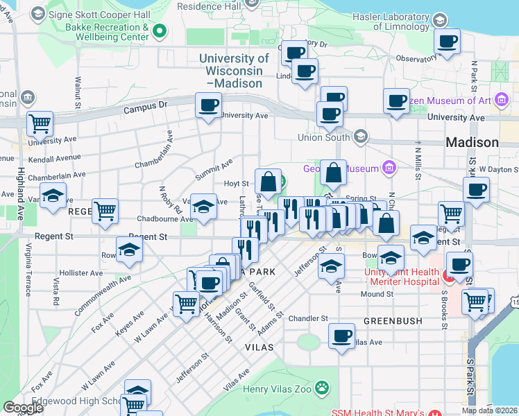 map of restaurants, bars, coffee shops, grocery stores, and more near 42 N Breese Terrace in Madison