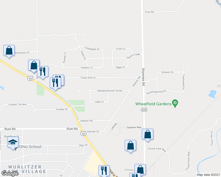 map of restaurants, bars, coffee shops, grocery stores, and more near 3681 Meadowbrook Acres in North Tonawanda