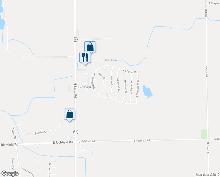 map of restaurants, bars, coffee shops, grocery stores, and more near 152 Monroe Drive in Davison