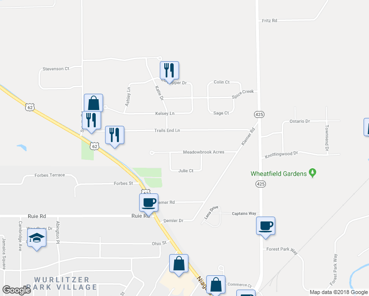 map of restaurants, bars, coffee shops, grocery stores, and more near 3659 Meadowbrook Acres in North Tonawanda
