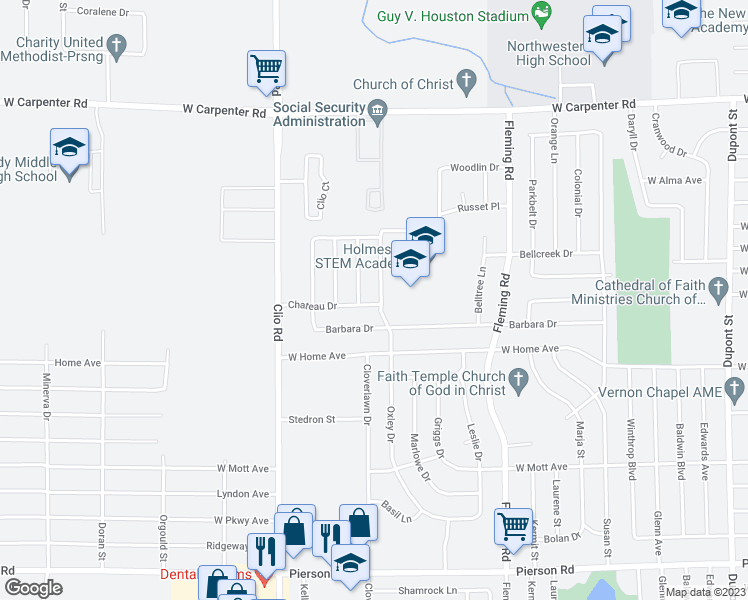 map of restaurants, bars, coffee shops, grocery stores, and more near 6301 Oxley Drive in Flint