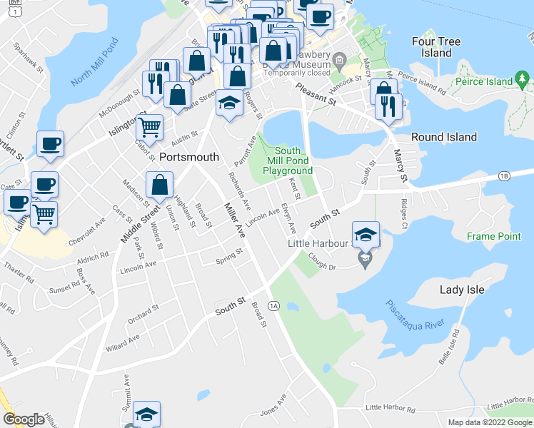 map of restaurants, bars, coffee shops, grocery stores, and more near 179 Lincoln Avenue in Portsmouth