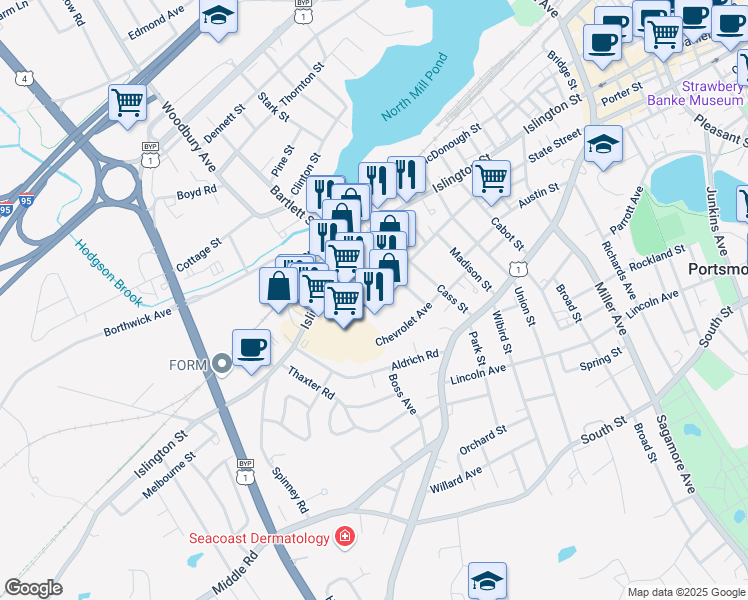 map of restaurants, bars, coffee shops, grocery stores, and more near 125 Brewery Lane in Portsmouth