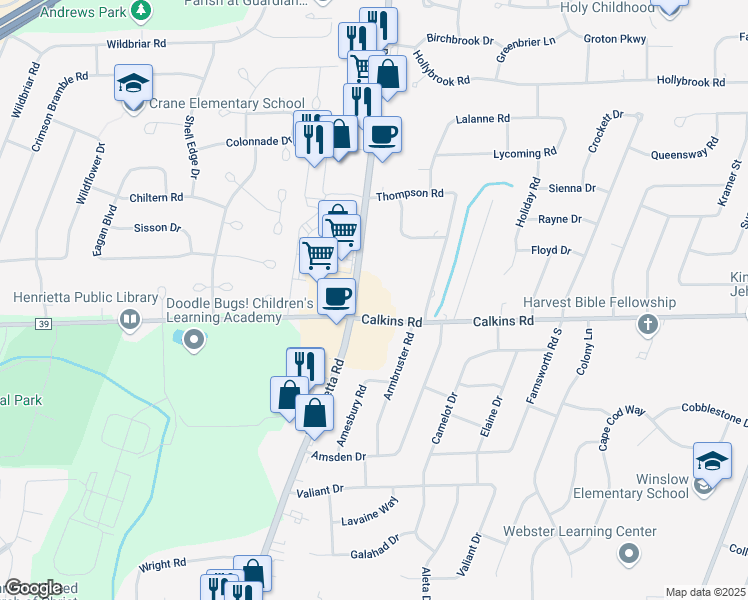 map of restaurants, bars, coffee shops, grocery stores, and more near 2580 East Henrietta Road in Rochester