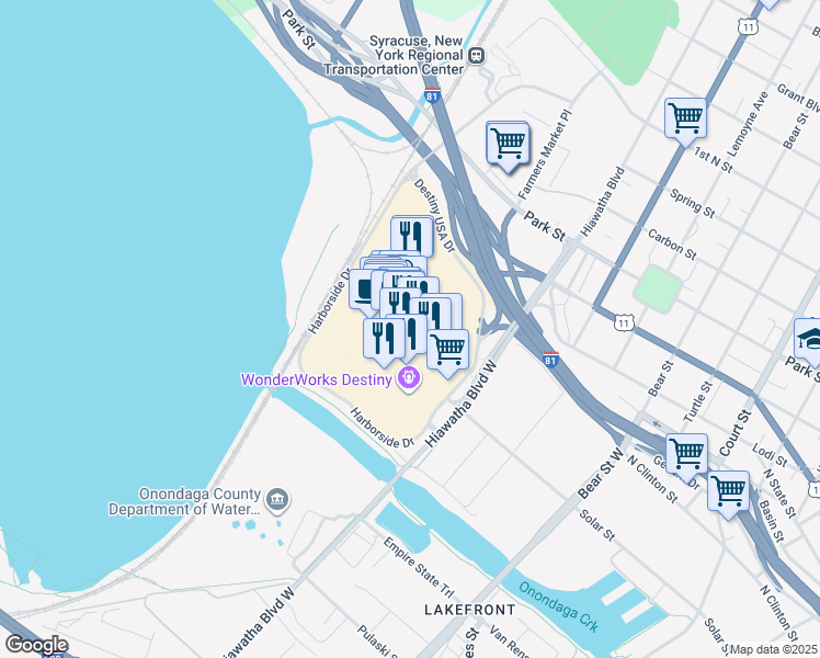 map of restaurants, bars, coffee shops, grocery stores, and more near 9679 Destiny USA Drive in Syracuse