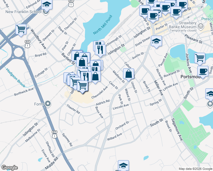 map of restaurants, bars, coffee shops, grocery stores, and more near 16 Chevrolet Avenue in Portsmouth