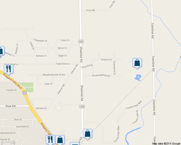 map of restaurants, bars, coffee shops, grocery stores, and more near 3831 Knottingwood Dr in North Tonawanda