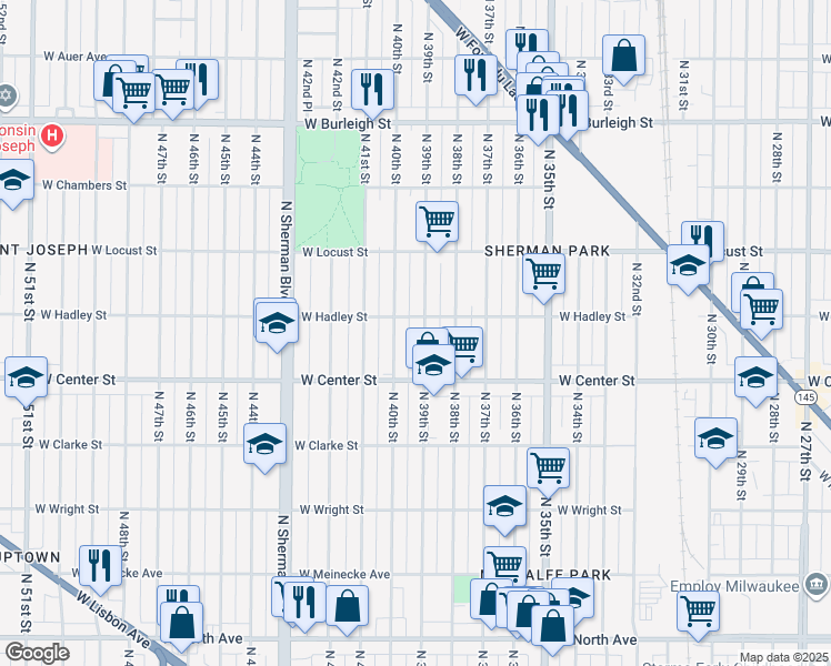 map of restaurants, bars, coffee shops, grocery stores, and more near 2770 North 40th Street in Milwaukee
