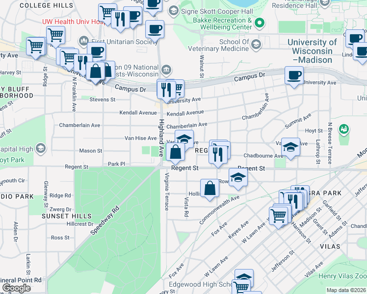 map of restaurants, bars, coffee shops, grocery stores, and more near 2311 Van Hise Avenue in Madison