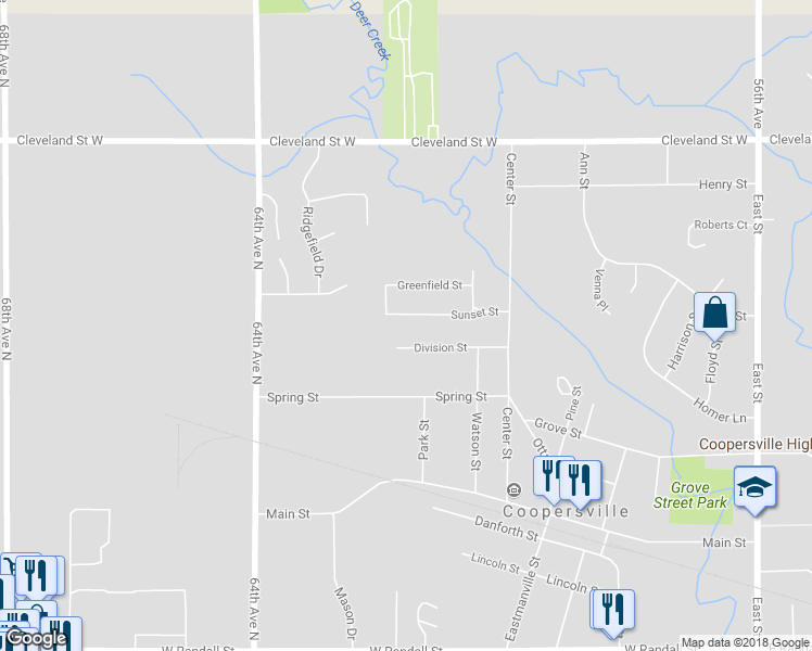 map of restaurants, bars, coffee shops, grocery stores, and more near 564 Sunset Street in Coopersville