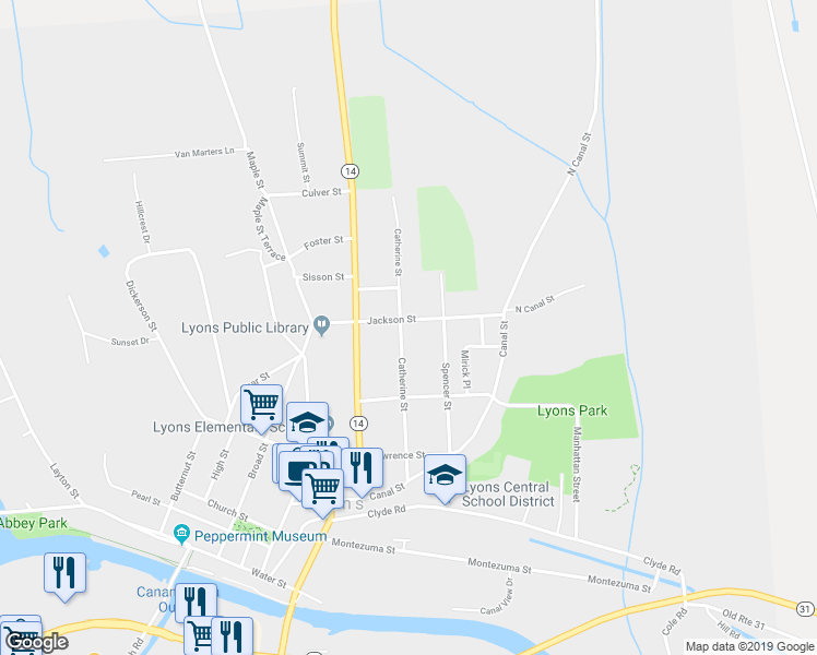 map of restaurants, bars, coffee shops, grocery stores, and more near 50 Catherine Street in Lyons