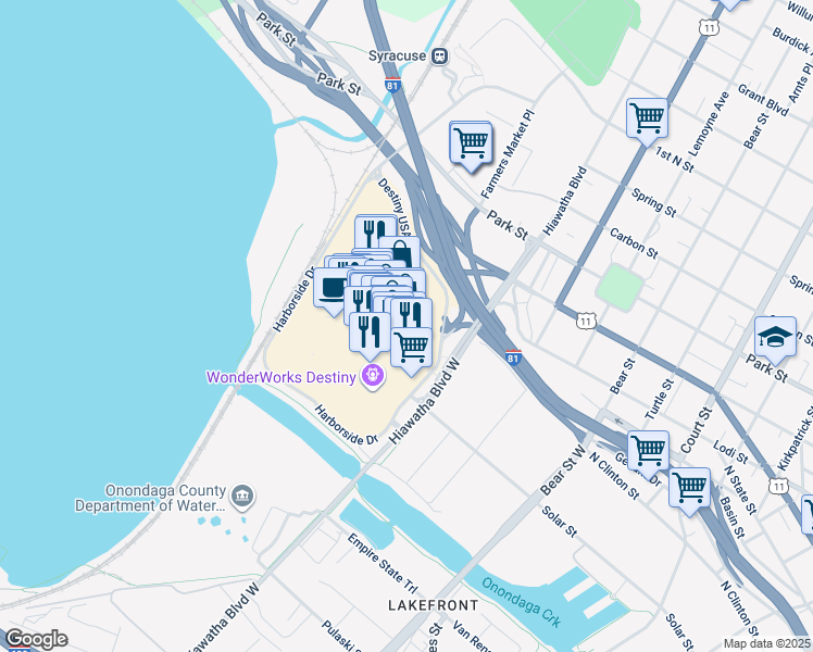 map of restaurants, bars, coffee shops, grocery stores, and more near 306 Hiawatha Boulevard West in Syracuse