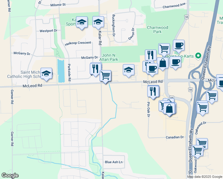 map of restaurants, bars, coffee shops, grocery stores, and more near 8196 McLeod Road in Niagara Falls