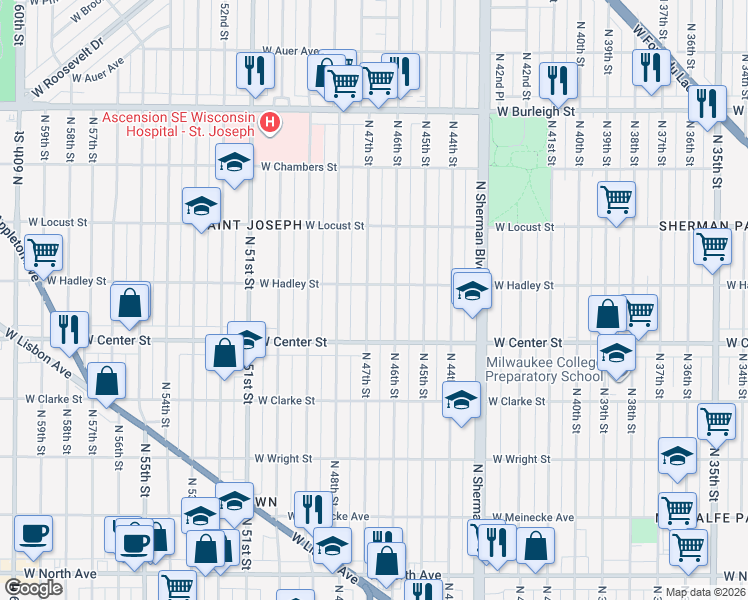 map of restaurants, bars, coffee shops, grocery stores, and more near 2760 North 47th Street in Milwaukee