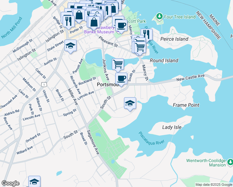 map of restaurants, bars, coffee shops, grocery stores, and more near 299 South Street in Portsmouth