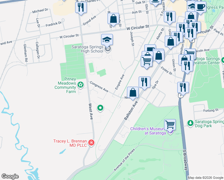 map of restaurants, bars, coffee shops, grocery stores, and more near 1 Empire Avenue in Saratoga Springs