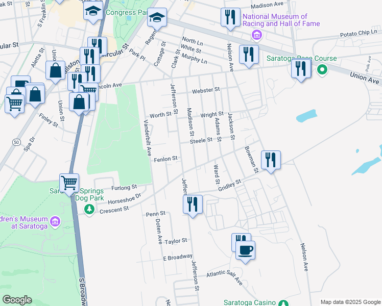 map of restaurants, bars, coffee shops, grocery stores, and more near 115 Madison Street in Saratoga Springs