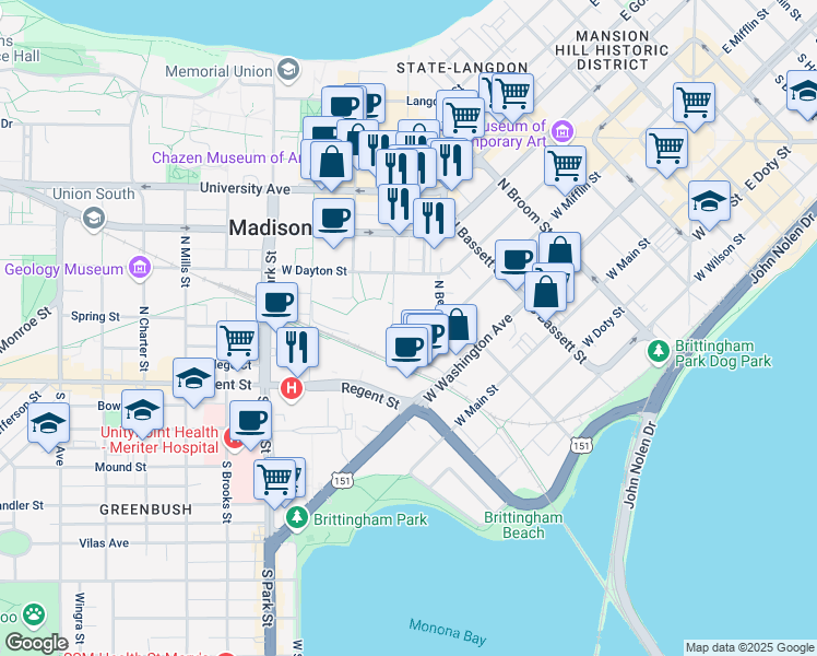 map of restaurants, bars, coffee shops, grocery stores, and more near 620 West Mifflin Street in Madison