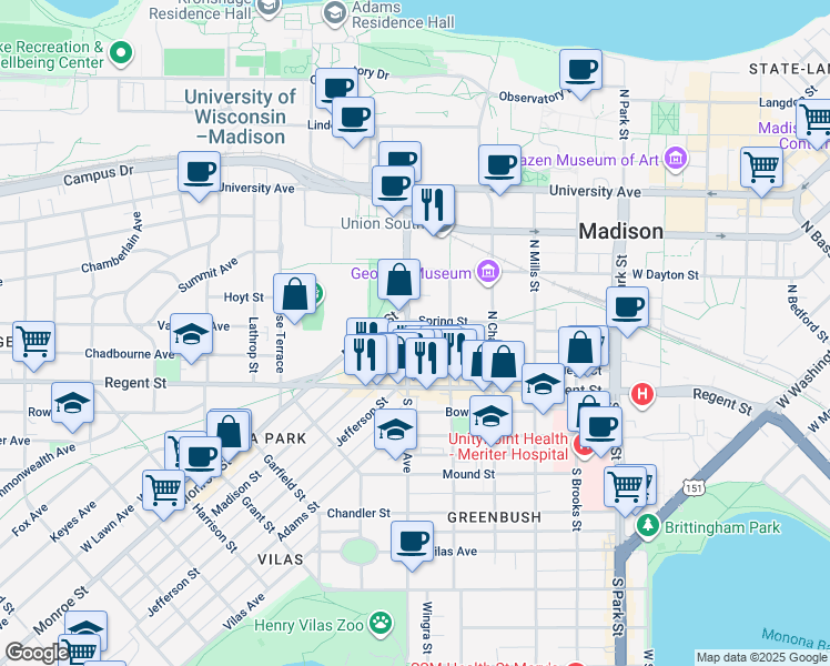 map of restaurants, bars, coffee shops, grocery stores, and more near 45 North Randall Avenue in Madison
