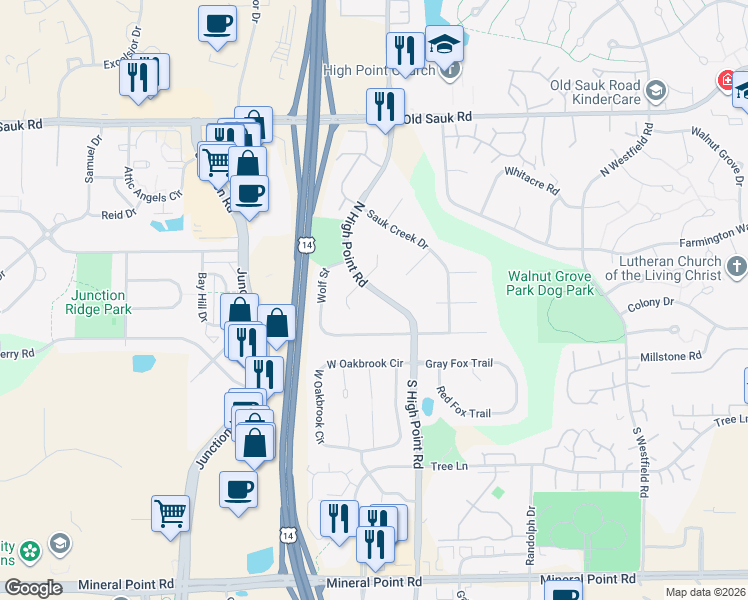 map of restaurants, bars, coffee shops, grocery stores, and more near 214 North High Point Road in Madison