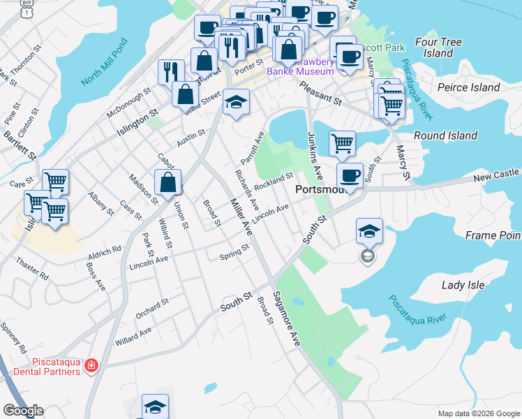 map of restaurants, bars, coffee shops, grocery stores, and more near 179 Lincoln Avenue in Portsmouth