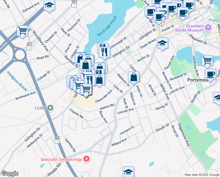 map of restaurants, bars, coffee shops, grocery stores, and more near 89 Brewery Lane in Portsmouth