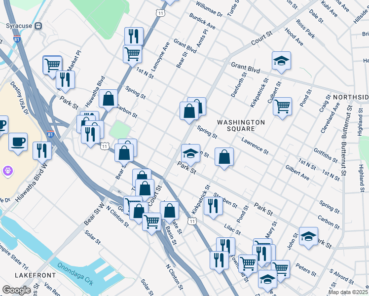 map of restaurants, bars, coffee shops, grocery stores, and more near 806 Carbon Street in Syracuse
