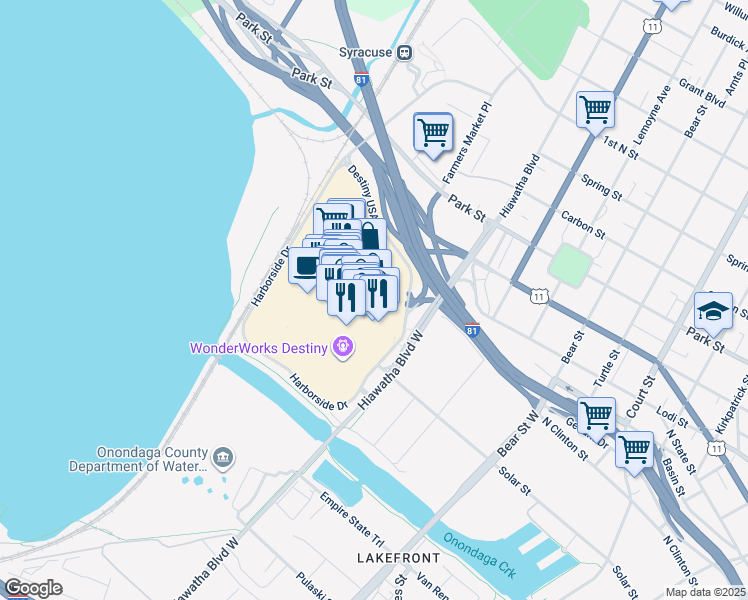 map of restaurants, bars, coffee shops, grocery stores, and more near 306 Hiawatha Boulevard West in Syracuse